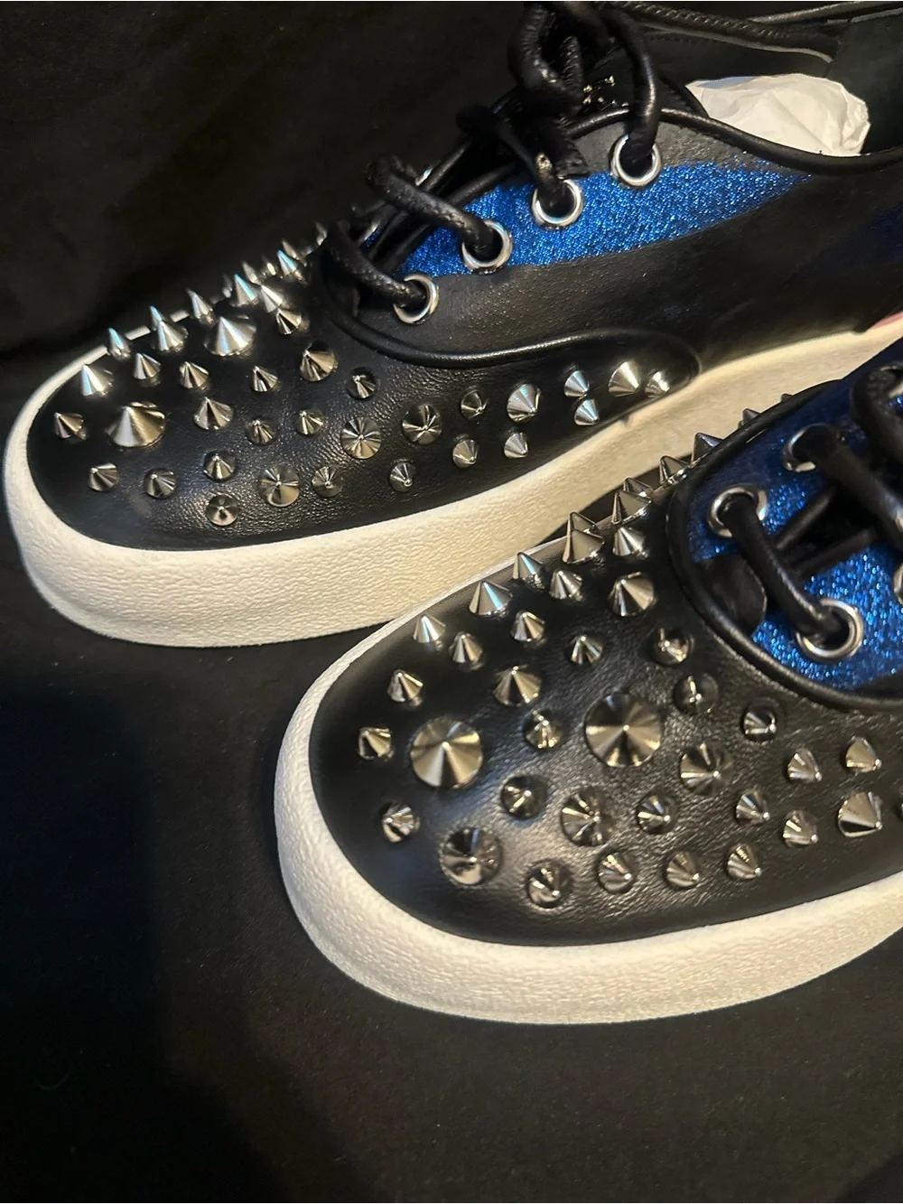 Giuseppe Zanotti Black Leather Sneakers with Blue Glitter and Pink Heel